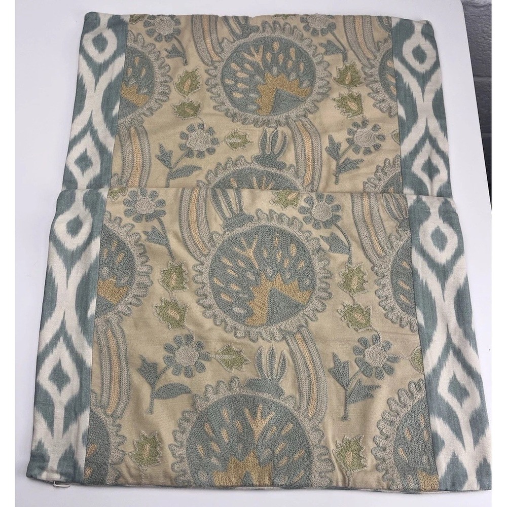 2 x Pottery Barn Aisha Embroidered Lumbar Pillow Cover Suzani Blue Cream Boho‎